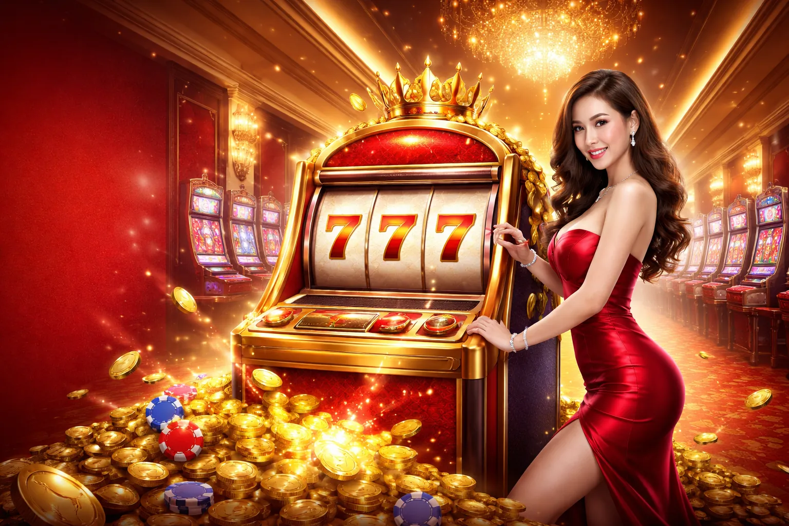 Hình ảnh trò chơi slot rực rỡ với biểu tượng tiền thưởng và helo888 khuyến mãi
